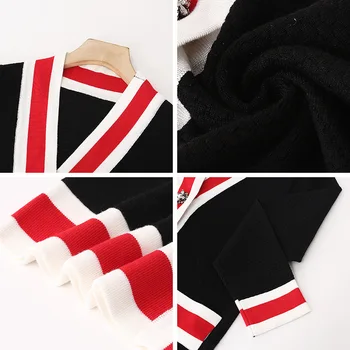 Rudenį Long Sleeve V-kaklo Perlų Duobute Mygtuką Megztinis Moterims Spalvų Dryžuotas Priežastinis Laisvi Megztiniai Balta Megzti Paltai Mezgimo Viršūnės