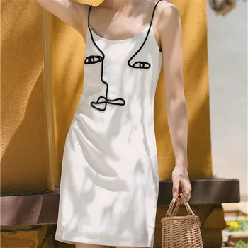 ZXQJ Moterų 2021 Elegantiškos Mados Dizaino, Minimalistinių Linijų Abstraktaus Meno Suspenderhigh Mini Suknelė Vintage Rankovių Moterų Suknelės