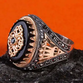 925 Sterlingas Sidabro Karūna Karaliaus Raštuotas Juoda Oniksas, Sidabro Vyrų Žiedas Išskirtinis Brangakmenio Žiedas Vyrams Ovalo formos Žiedas