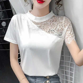 Marškinėliai, Femme, Juoda T-Shirt Moterų Balta Nėrinių Marškinėliai Moterims Trumpomis Rankovėmis 2021 Medvilnės Vasaros Viršūnes Korėjos Mados Moters Drabužiai