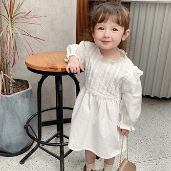 Baby Girl Princesė Pynimas Suknelė Balta ilgomis Rankovėmis Bamblys Mergina Medvilnės Vestido Derliaus Šalis, Vestuvių Inscenizacija Kūdikių Drabužiai 2-10Y