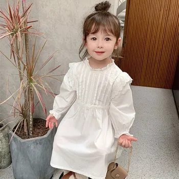 Baby Girl Princesė Pynimas Suknelė Balta ilgomis Rankovėmis Bamblys Mergina Medvilnės Vestido Derliaus Šalis, Vestuvių Inscenizacija Kūdikių Drabužiai 2-10Y