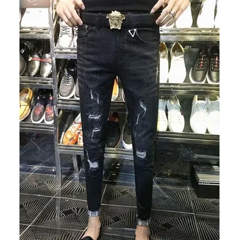 Pavasario stilius paprastas ripped jeans vyriški korėjos plonas kojos kulkšnies ilgio kelnės tight-montavimo katės letena pants madinga vyriški ilgas kelnes
