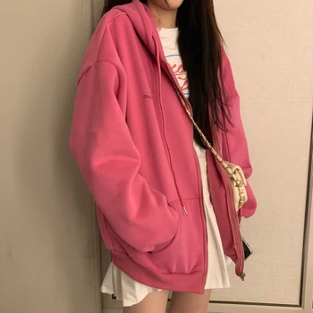 Zip-up Moterų korėjos Stiliaus hoodies Derliaus vientisos Spalvos ilgomis Rankovėmis Negabaritinių Gobtuvu Palaidinukė Lady Moterų Atsitiktinis Dideli Paltai