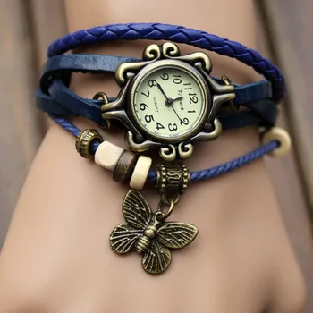 Užsienio prekybos senovinių laikrodžių mados odos įvyniojami apyrankę epidermio moterų stalo drugelis karolius, didmeninė vaikų lentelė