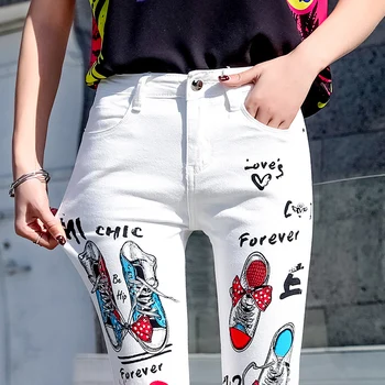 Korėjos Pavasario Streetwear Džinsai 2021 M. Moters Drabužių Derliaus Atsitiktinis Ilgas Kelnes Dažytos Modelio Baltos High Waisted Pieštuku Džinsai