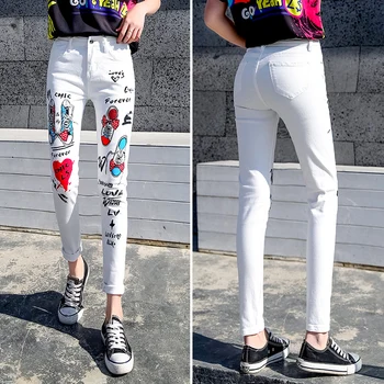 Korėjos Pavasario Streetwear Džinsai 2021 M. Moters Drabužių Derliaus Atsitiktinis Ilgas Kelnes Dažytos Modelio Baltos High Waisted Pieštuku Džinsai