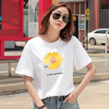 Moterys, Paprastos Medvilnės, Trumpomis Rankovėmis Marškinėliai Gėlių Spausdinti Prarasti Korėjos Stiliaus Streetwear Ponios Medvilnės Palaidinė Moterų Plius Dydis Naujas