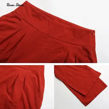 2021 Naujas Didelio Juosmens Pločio Kojų Kelnės Moterims Vasaros Verslo Atsitiktinis Derliaus Suknelė Kelnės Su Šoninės Užtrauktuku Kišenės Rūdžių Raudona Capris