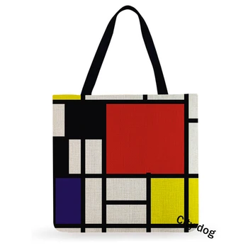 Piet Mondrian Geometrinis Menas SPAUSDINTI Aukštos kokybės sustorėjimas vandeniui lino Moterų pečių maišelį galima pakartotinai naudoti pirkinių krepšiai