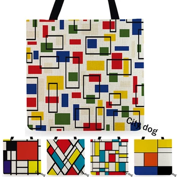 Piet Mondrian Geometrinis Menas SPAUSDINTI Aukštos kokybės sustorėjimas vandeniui lino Moterų pečių maišelį galima pakartotinai naudoti pirkinių krepšiai