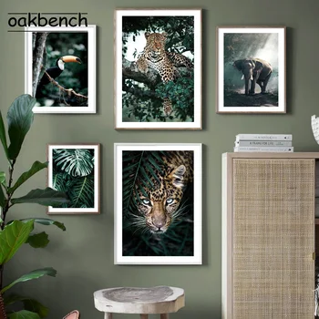 Džiunglių Plakatas Laukinis Leopardas, Dramblys Spaudinių Tropinių Paukščių Lapų Sienos Menas Spausdinti Šiaurės Tapybos Sienos Nuotrauka Už Kambarį Dekoro