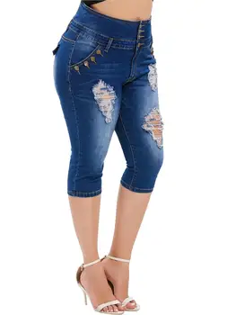 2020 karšto pardavimo vasarą moteris kankina džinsai aukšto juosmens liesas džinsinio džinsus kelio ilgis pants plius dydis drabužių, L-5XL naują atvykimo