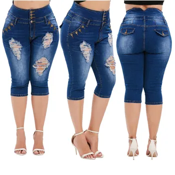 2020 karšto pardavimo vasarą moteris kankina džinsai aukšto juosmens liesas džinsinio džinsus kelio ilgis pants plius dydis drabužių, L-5XL naują atvykimo