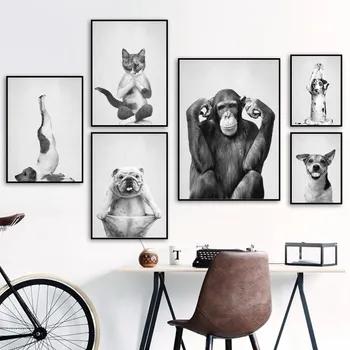 Freskos juoda ir balta šokių, jogos katė, šuo, šuo, beždžionė beždžionė Šiaurės plakatai ir spausdina kambarį apdaila sienų tapyba