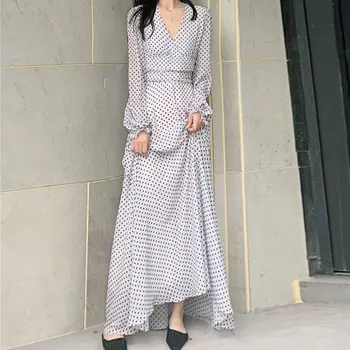 Rudenį, Pavasarį Kulkšnies Ilgis Polka Dot Spausdinti Šifono Suknelė Elegantiškas Ilgomis Rankovėmis V-Kaklo, Žemiausią Ilga Suknelė 2020 Korėjos Stiliaus