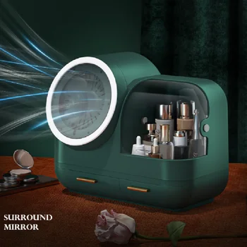 Mados LED Šviesos Makiažas Organizatorius su Veidrodis Ventiliatorius apsauga nuo dulkių Vonios Kosmetikos Laikymo Dėžutė Darbalaukio Grožio Saugojimo Stalčiuką