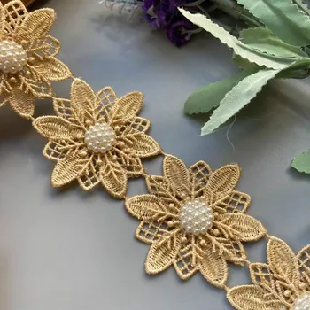 10x Perlų, Aukso Nėriniai Apdailos Juostelės Snaigės Rankų darbo Zawalcowany Gėlių EmbroideredDouble Sluoksniuotos Aplikacijos Suknelė 