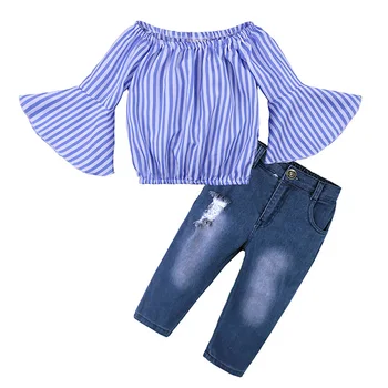 2020 metų Vasaros baby girl drabužius Išjungti peties dryžuotas marškiniai + džinsai, Dviejų dalių Kombinezonas vaikams drabužių Už 6 Mėnesius-7 Metų