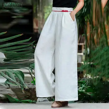 ZANZEA Moterų Atsitiktinis Kelnės Pavasario Plati Koja Kelnės Derliaus Elastinga Juosmens Kietieji Ilgai Pantalon Haremas Palazzo Streetwear