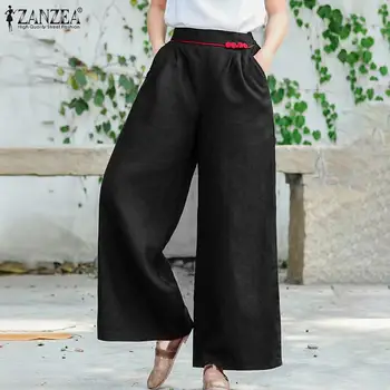 ZANZEA Moterų Atsitiktinis Kelnės Pavasario Plati Koja Kelnės Derliaus Elastinga Juosmens Kietieji Ilgai Pantalon Haremas Palazzo Streetwear