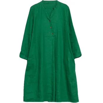 Geltona raudona žalia medvilnės skalbiniai derliaus moterų atsitiktinis palaidų midi rudenį suknelė elegantiškas drabužius 2021 ponios suknelės