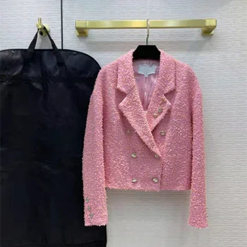 Europos ir Amerikos moterų drabužiai 2021 žiemos naujas Ilgas rankovėmis tvido mados Dvigubo breasted rožinės spalvos paltas