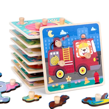 Montessori Ugdymo Medinės 3D Puzzle Kūdikių Žaislų, Animacinių filmų Transporto priemonės Gyvūnų Vertus Patraukti Lentos Žaislai Tangram Dėlionės Žaidimas Vaikams