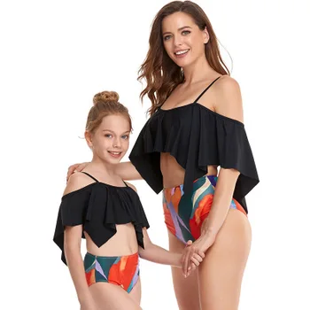 2021 Moterys Keturių Kampas Lotus Lapų Tėvų, Vaikų maudymosi kostiumėlį Šeimos Atitikimo maudymosi Kostiumėliai, Padalinta maudymosi kostiumėlį Bikini 2Piece Outsuits