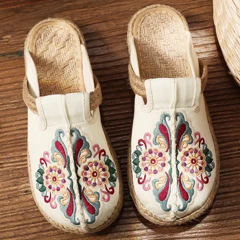 Kinų Stiliaus Drobės Sandalai Moterims Gėlių Modelio Derliaus Siuvinėjimo Aukštos Kokybės Orui Rankų Darbo Pavasario Vasaros Sandalai