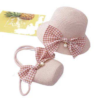 2021 Vaikų Naujų Mažų Šviežių Krepšys, apsaugos nuo Saulės, Vasaros Beach Mergina Bowknot Pearl Banga Šiaudų Skrybėlę Vaikams Baby Sun Kepurės HT08