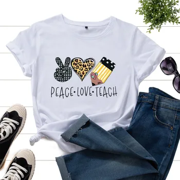 Moteriški Medvilniniai Marškinėliai Spausdinti Shirt Grafikos Tees trumpomis Rankovėmis Vasarą Tee Viršūnes Moterų Tees Drabužius Taikos Patinka Mokyti Mokytojo Širdis