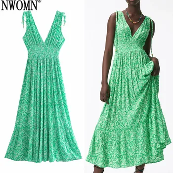 NWOMN Vasaros Za 2021 Gėlių Ilgai Strappy Suknelė Moteris Žalia Pynimas Backless Suknelė Moterims Cottagecore Elegantiška, Elastinga Slydimo Suknelės