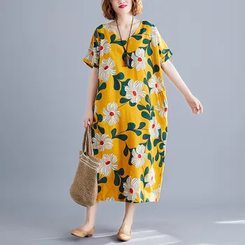 Trumpas rankovės medvilnės skalbiniai derliaus gėlių suknelės moterims atsitiktinis palaidų ilgas vasaros suknelė elegantiškas drabužius 2021