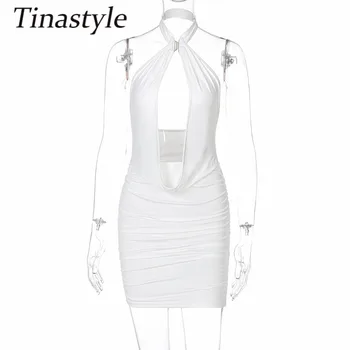 Tinastyle Balta Halte Seksualus Šalis Suknelė Moterims Lašas Rankovių Backless Bodycon Mini Suknelė Vasaros 2021 Beach Klubą, Vestidos