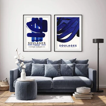 Drobė, Tapyba Pierre Soulages Parodų Plakatai ir Spausdina Modernios Sienos Menas Abstraktus Mėlyna Nuotraukos Estetinį Kambario Dekoro