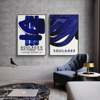 Drobė, Tapyba Pierre Soulages Parodų Plakatai ir Spausdina Modernios Sienos Menas Abstraktus Mėlyna Nuotraukos Estetinį Kambario Dekoro