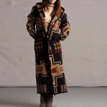 Etninės Spausdinti Ilgi Paltai Moterims Boho Viršutiniai drabužiai su Skrybėlę Plius Dydis Ponios Stori Paltai Moterų 2020 M. Rudens Žiemos Naujas Mados
