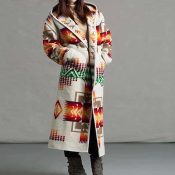 Etninės Spausdinti Ilgi Paltai Moterims Boho Viršutiniai drabužiai su Skrybėlę Plius Dydis Ponios Stori Paltai Moterų 2020 M. Rudens Žiemos Naujas Mados