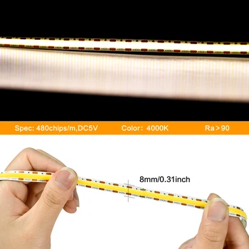 LED Juostelės Žibintai, USB Powered 2m/6.5 ft COB LED Juostelės Šviesa 4000 K Šiltai Balta Šviesa LED Juostelės Žibintai 960 LED Virvę Žibintai
