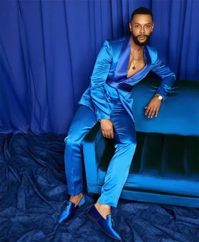 2021 Naujausią dizainą, prabangos mėlyna satino kostiumai vyrams vestuvių jaunikis 2-piece slim fit kostiumas žmogus gyvas šalis Švarkas Švarkas+kelnės