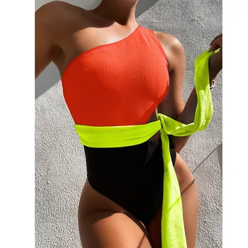 Moterų maudymosi kostiumėlį Mados Tvarstis Sujungimas vientisas Bikini Push-up Pad maudymosi Kostiumėliai maudymosi kostiumėlį Vieną Petį Paplūdimio Moterų 2021
