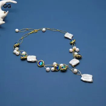 GuaiGuai Papuošalai, Natūralūs Gėlo Vandens Dirbtiniu Būdu Išauginti Perlai White Keshi Perlų Mėlyna Murano Stiklo Choker Karoliai 21