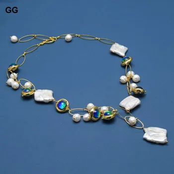 GuaiGuai Papuošalai, Natūralūs Gėlo Vandens Dirbtiniu Būdu Išauginti Perlai White Keshi Perlų Mėlyna Murano Stiklo Choker Karoliai 21