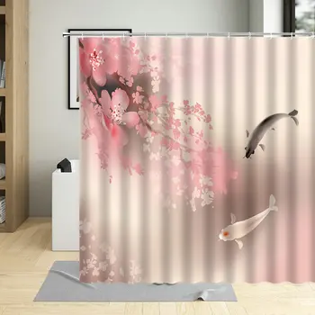Tradicinės Kinų Stiliaus Vonios Užuolaidos Koi Karpių Pink Gėlių Modelio Azijos Žuvų Dušo Užuolaidos Meno Dekoro Su Kabliukais