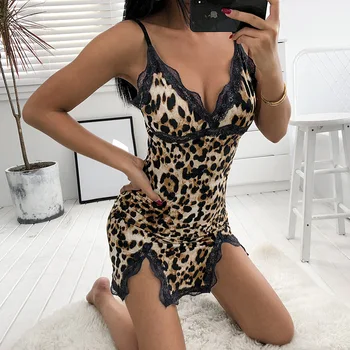 Moterų Sexy Sleepwear Lady V-kaklo Leopard Naktį Suknelė naktinis klubas Stiliaus Nėrinių Diržas Seksualus Nightgowns Moterims, apatinis Trikotažas Pijama Mujer