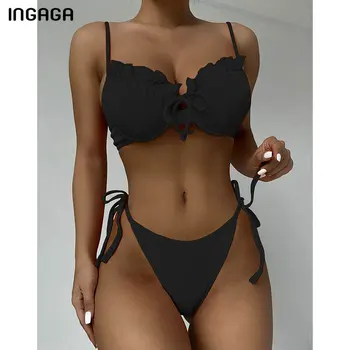 INGAGA Susiėmę Bikini Briaunoti Moterų maudymosi kostiumėlį 2021 Kaklaraištis Juosmens maudymosi Kostiumėliai, Vientisų Maudymosi Kostiumą, Push Up Biquini Seksualus Paplūdimio Naujas