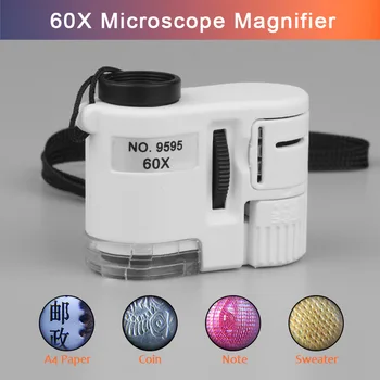 60X Didinamąjį Loupe LED UV Iluminated Kišenėje Mikroskopu Papuošalai Didinamojo stiklo Kabo Dirželis ABS Optinis Objektyvas