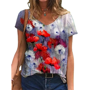 Karšto Negabaritinių Ponios Viršūnes Moterų Plius Dydis Gėlių 3D Print T Shirt Prarasti V-Kaklo trumpomis Rankovėmis Atsitiktinis Tee Viršuje Vasaros Naują Streetwear