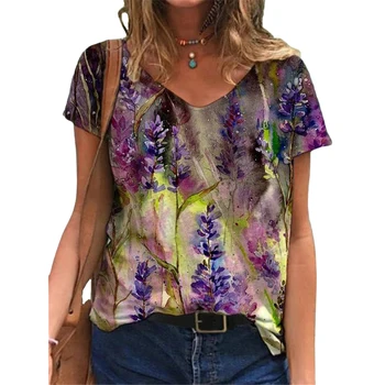 Karšto Negabaritinių Ponios Viršūnes Moterų Plius Dydis Gėlių 3D Print T Shirt Prarasti V-Kaklo trumpomis Rankovėmis Atsitiktinis Tee Viršuje Vasaros Naują Streetwear